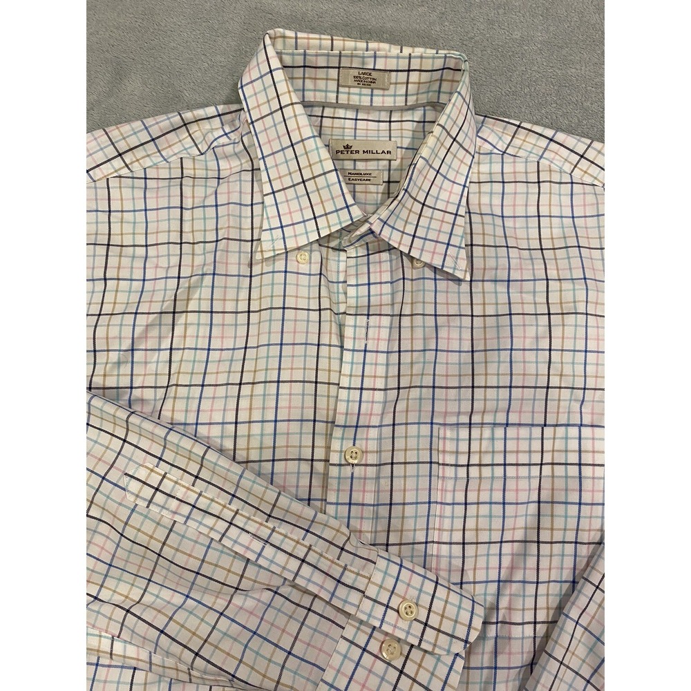 Mens Peter Millar Long Sleeve Button Down Shirt MultiColor NanoLuxe Easy Care L